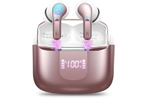 ORDTOP Cuffie Bluetooth, Auricolari Bluetooth 5.3 Stereo HiFi Cuffie Wireless con 4 ENC Mics, 2024 Cuffie Senza Fili IP7 Impermeabile Cuffiette Bluetooth Cancellazione Rumore Auricolari Wireless LED Oro Rosa