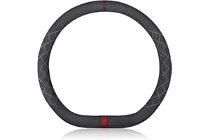 Ergocar Antypoślizgowy pokrowiec na kierownicę samochodową, w kształcie litery D, z mikrofibry, zamsz, na zimę, ciepły, do kierownicy w kształcie litery D, średnica 38 cm (czarno-czerwony)
