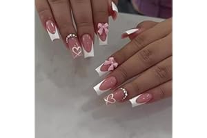 Goiern French Press on Nails - Unghie finte di design francese, in acrilico, con fiocco, quadrate, con brillantini e con disegno di un cuore