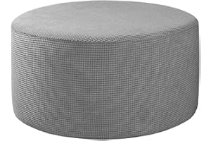 MERIGLARE Round Footstool Cover, Pouffe Covers, Small Ottoman Stool Seat Cover, Removable & Washable Stretch Slipcover Furniture Protector for Round Foot Stool Dia. 48-55cm - Gray