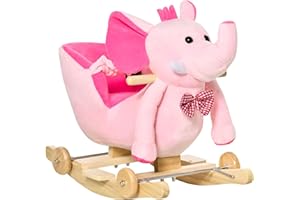 HOMCOM 2 In 1 Plush Baby Ride on Rocking Horse Elephant Rocker with Wheels Wooden Toy for Kids 32 Songs for 18+ Months (Pink)