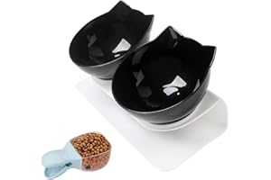 DMSELL Tilted Cat Bowls with Stand, Double Raised Cat Bowl Anti Vomiting, 15° Tilted Plastic Cat Feeding Bowl with and Scoop