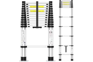 POONO 12.5FT Heavy-Duty Telescoping Ladder, 330lb Capacity Aluminum Extension Ladder with Anti-Slip Steps for Secure Attic Access, Roof, and Home Renovation Projects