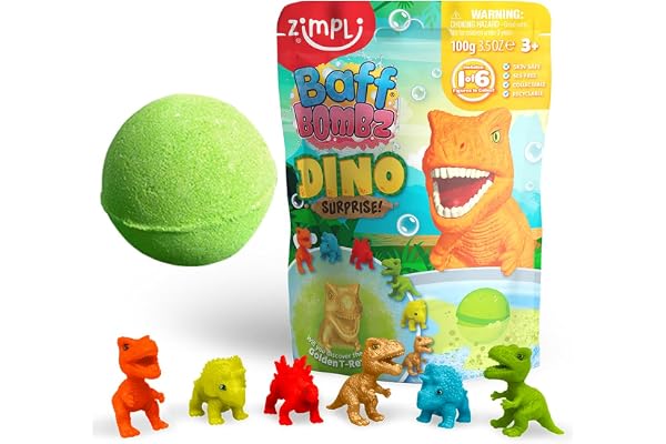 ZIMPLI - Grande Bombe de Bain Dino Surprise, 1 des 6 Jouets Dinosaure Surprise à Collectionner, Un Jouet par Baff Bomb, Jouets Mystère pour Garçons et Filles