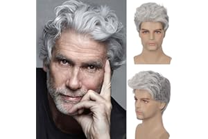 Baruisi Mens Wigs Grey Short Curly Wig Synthetic Layered Cosplay Hair Wig for Daily Party with Wig Cap