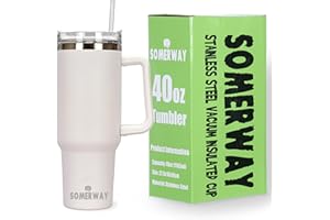SOMERWAY Reisebecher mit Strohhalm und Deckel, aus Edelstahl, doppelwandiger, vakuumisolierter Kaffeebecher für heißen und kalten Kaffee, Reisebecher mit Griff, Kaffeebecher für unterwegs, 1182 ml, Farbe Weiß