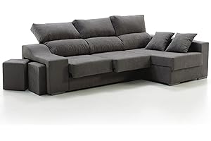 TANUK Sofá Chaise Longue Loki Derecha 4 Plazas Gris Marengo Sistema de Limpieza ACUALINE Arcón 2 Puffs Asientos Extensibles Tejido Desenfundable