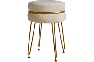 IBUYKE moderno velluto rotondo poggiapiedi, Vanity sedia per sala trucco, Vanity sgabello poggiapiedi con gambe d'oro, sgabelli in accento moderno per camera da letto, soggiorno, crema-bianco L/G-40M