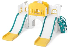 JOYLDIAS 9 in 1 Kids Slide, Toddler Slide, Garden Climbing Frame with Double Slides, Basketball Hoop, Tunnel, Telescope, Storage Space, Indoor Outdoor Playground Playset, Kids Gift for Age 1-3+