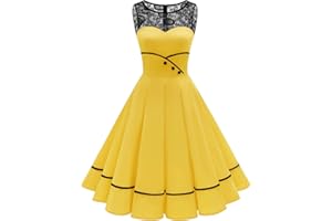 Bbonlinedress Damen Cocktailkleid Rockabilly Spitzenkleid 50er Retro Vintage Faltenrock Elegant Ärmellos Rundhals