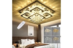 XEMQENER Dimmable Crystal Ceiling Light with 5-Square, 68W LED Crystal Chandelier Light, Flush Mount Ceiling Lamp for Living Room Kitchen Office Bedroom Dining Room(Remote Control, 3000k-6000k)