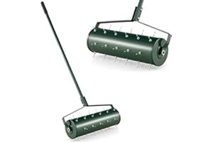 COSTWAY Garden Rolling Lawn Aerator, 45cm/53cm Manual Grass Spikes Roller with 130cm Detachable Handle, Heavy Duty Steel Rotary Push Pull Tine Garden Lawn Tool (53cm x 130cm(L x H))