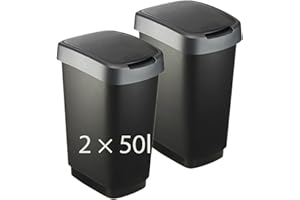 Rotho Twist 2er-Set Mülleimer mit Deckel (Anthrazit/Silber, 2x50l)