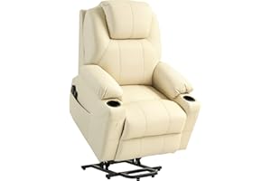 HOMCOM Poltrona Elettrica Alzapersona Reclinabile 135°, Poltrona Relax Elettrica in PU con 8 Punti Massaggianti, 2 Portabicchieri, Tasche Laterali, Telecomando e Poggiapiedi, Crema