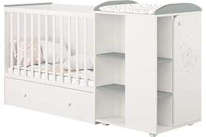 ‎POLINI HOME Polini Home Mitwachsendes Babybett Kombi-Kinderbett in Weiß-Grau mit integrierter Wickelkommode, wandelbar zu einem Juniorbett für Kinder von 0 bis 16 Jahren