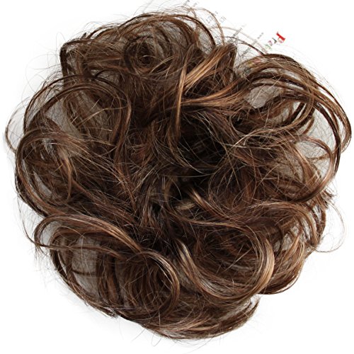 PRETTYSHOP 100% Human Hair Scrunchy Scrunchie Bun Up Do Hair Piece Hair Ribbon Ponytail Extensions Wavy Curly Messy Div. colours (brown mix 4H27 H312)