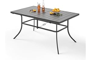 PHI VILLA Outdoor Patio Garden Dining Table for 6 Person Rectangular Garden Table with Parasol Hole E-Coating Steel Frame and Slat Tabletop Weather Resistant Black