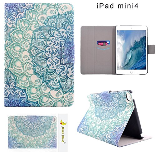 Moon mood® PU Leder Schutzhülle für Apple iPad Mini 4 (7.9 Zoll) Hart PC Innern Hülle mit Bunte Malerei 2 Kartenfächer Standfunktion Tasche