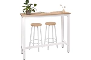 WOLTU Set Mesa de Bar y 2 Taburetes, Muebles de Bistro de Comedor para Salon, Barra Cocina con Estructura de Metal, MDF, 120x40x100cm, Blanco + Roble Claro
