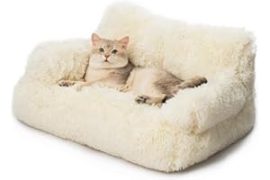 MEWOOFUN Elegante sofá cama grande para gatos de interior, sofá lavable de felpa, camas para perros pequeños, suave y calmante con parte inferior antideslizante, color beige