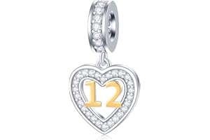 GLOWDAS 10 to 25 28 30 33 35 40 45 50 55 60 65 70 75 80 Birthday Charms, fit European Anniversary Bracelet/Necklace, Golden Number 925 Sterling Silver Heart Pendant with CZ, for Women/Men