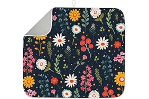INFUNLY Boho Flowers Dish Drying Mat for Kitchen Counter 16"X18" Boho Floral Absorbent Dish Drainer Mat Anti-Slip Quick Dry Heat Resistant Coffee Bar Mat for Table Faucet Sink Coffee Bar Refrigerator