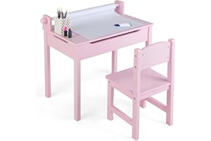 COSTWAY Biurko dziecięce z krzesłem, stół dziecięcy ze składanym blatem, biurko młodzieżowe z uchwytem na rolki papieru i markerami, biurko dla dzieci od 3 lat (różowe)