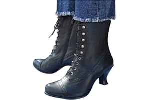 BRISKORRY Botines para mujer con tacón, estilo victoriano, vintage, gótico, con cordones, de piel, clásicas, de media caña medieval, retro, para boda, Oktoberfest