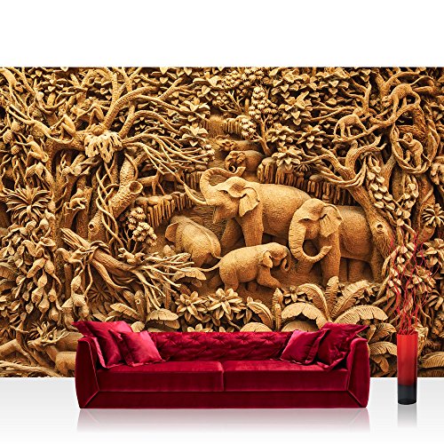 Vlies Fototapete 416x254cm PREMIUM PLUS Wand Foto Tapete Wand Bild Vliestapete - Kunst Tapete Elefanten Affen Palmen Dschungel beige - no. 2289