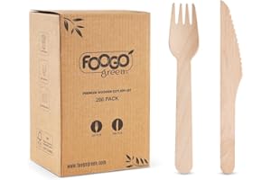 FOOGO Green 200pcs Set Fourchettes et Couteaux en Bois Jetables, Certifiés FSC®, 100 Fourchettes 100 Couteaux, 16cm, Écologique Compostable, Fête Pique-nique, Set de Couverts en Bambou pour Apéritifs