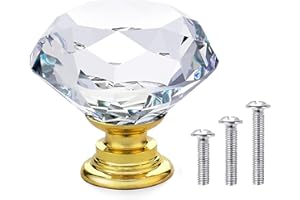 Vandicka 20 x Poignée Bouton de Porte Placard Meuble Tiroir - Diamant en Verre Cristal Clair + Base en or - 30mm - avec Vis de 3 Longueurs