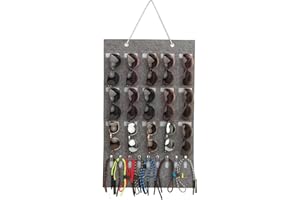IANULUS Wall Organizer for Glasses Felt Bag, 15 Slots Sunglasses Organizer Storage, Felt Hanging Glasses Storage Pockets, with 3 Card Slot and 9 Multifunctional Buckle, for Earphones, Data Cable, Keys (Gray)