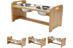 YY FOREYY Adjustable Raised Pet Stand for Cats and Dogs with 4 Bowls, Bamboo Elevated Dog Cat Food and Water Bowls Stand Feeder with 4 Stainless Steel Bowls and Anti Slip Feet(Small)