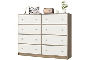 Nicehill Chest of Drawers with 8 Drawers, Wooden Frame & Silver Handles, Fabric Chest of Drawers for Bedroom, Living Room, Hallway, Entryway, White/Light Wood Grain