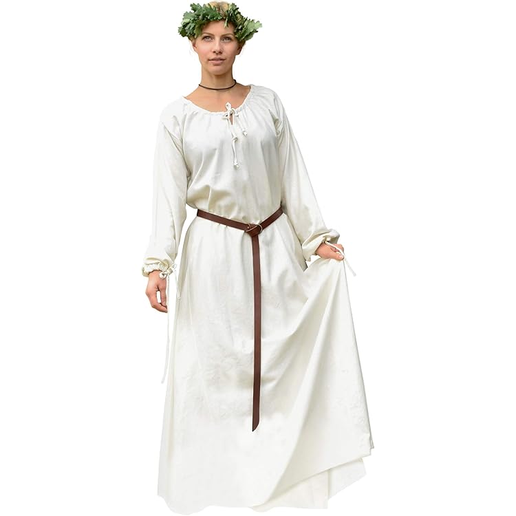 Battle-Merchant Mouwloze middeleeuwse jurk Jarle – Viking-jurk met bandjes voor dames – middeleeuws kostuum, LARP, fantasy, blauwgrijs/naturel, S