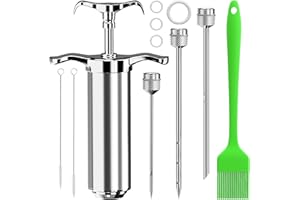 AZOMKER Siringa per Carne 60 ml,Siringa Alimentare per Carne,Injection BBQ,Siringa per Marinata in Acciaio Inox,Iniettore di condimento per Maiale,Manzo,Pollo,Tacchino,pollame,Pesce