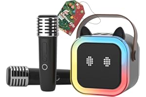 TANALAZ Linda máquina de Karaoke de oído de Gato para niños Adultos, Sistema de Karaoke portátil con luz led Parpadeante, 2 micrófonos inalámbricos, Altavoz de Fiesta de Regalo para Navidad (Negro)
