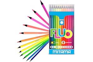 MITAMA - Pastelli Fluo - Confezione da 12 - Pastelli laccati Fluo - Mina con Tratto Grande 3,3 mm - Ideali per disegnare, evidenziare - Colori Scuola - Astuccio Scuola