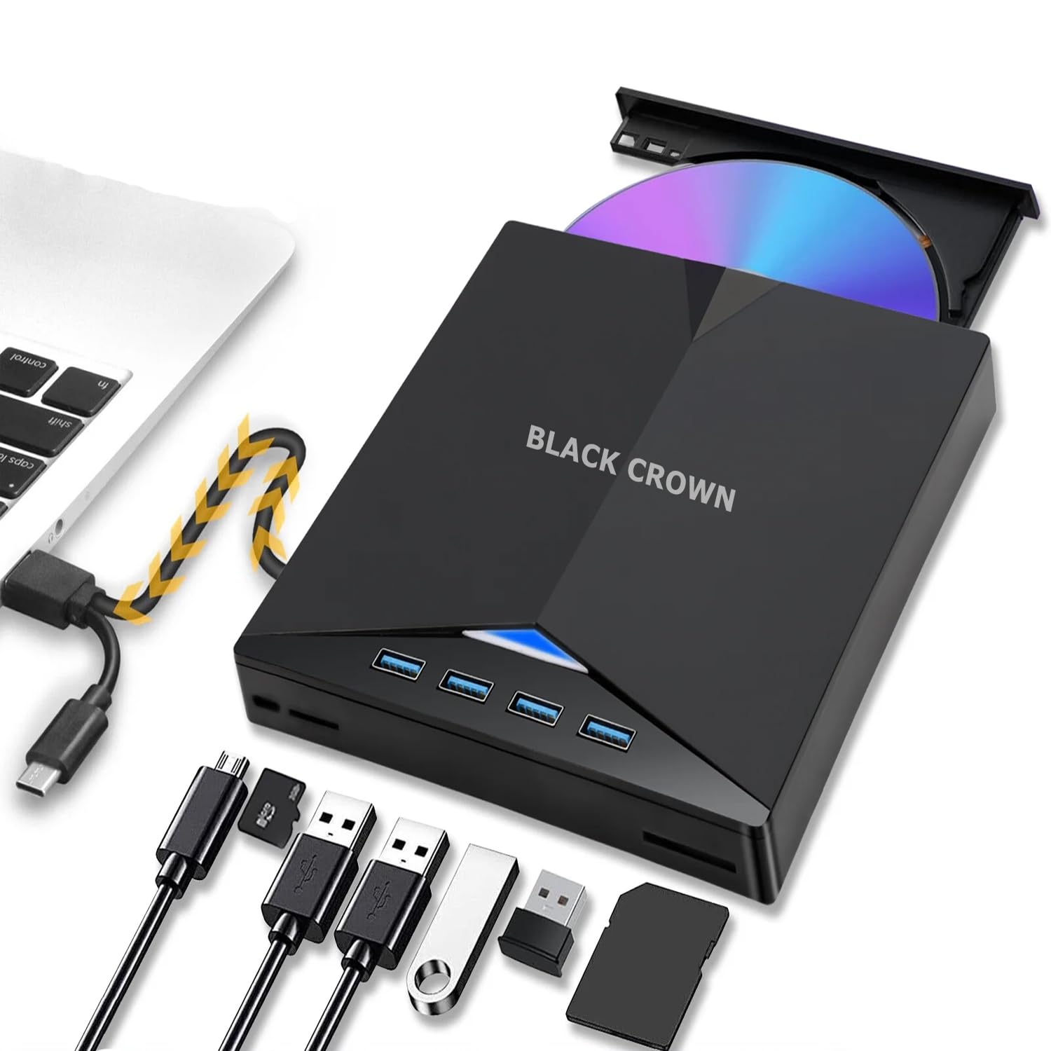 BLACK CROWN 7-in-1 External CD DVD Drive for Laptop, USB 3.0 USB C Portable CD/DVD ROM +/-RW DVD Player with TF/SD Card Slots, Optical Disk Drive Reader Writer Burner Fit for Laptop/PC etc.(Black)
