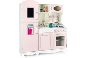 Leomark Cucina in legno per bambini, colore rosa, giocattolo educativo in legno con accessori, Dimensioni: 103 x 97,5 x 31 cm.