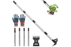 NNOUONN Weed Remover Tool Long Handle 148cm, Long Handled Weed Puller, 2 In 1 Garden Hoes Rake for Weeding, Heavy Duty Weed Control Weeders Picker Accessories for Yard Lawn Patio Garden (with a pair of glove)