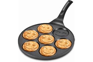 SKY-TOUCH Nonstick Pancake Pan, Face Frying Pan with 7 Holes Mini Breakfast Maker for Pancake, Blinis,Omelettes, Fried Eggs, black - 26.5x26.5cm - with Cool Touch Handle