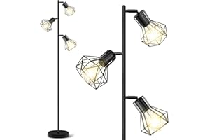 BBHome Lampadaire Industriel, Lampadaire Arbre de Ferme avec Têtes de Cage Réglables, Lampadaires Rustiques pour Salon Chambre Bureau, Noir (Ampoules Non Incluses)