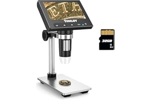 TOMLOV DM4 Microscope numérique 50-1000X, 4.3'' LCD Microscope avec Support en Métal pour Les Enfants|Adultes Monnaie/PCB/Plantes Observer, supporte Windows (32GB Card)