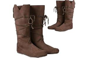 SIULAS PU Leder Stiefel - Low Heel Mid Tube Ritter Stiefel - Renaissance Mittelalter Cosplay Stiefel für Cosplay Karneval Party