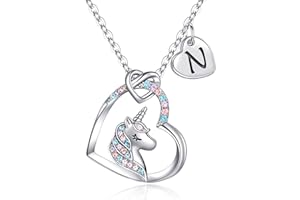 TINGN Cadeaux de Collier de Licorne pour les Fille, Plaqué Or Blanc 14 Carats Initiale Pendentif de Cœur CZ Collier de Lettre de Licorne Cadeaux en Licorne Cadeaux pour les Filles Femmes Bijoux