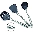 MARUKO Wok Spatula Set,Kitchen Utensil Set,3 Pieces Silicone Stainless Kitchen Cooking Tools,Includes Flexible Silicone Wok Spatula,Spoon,Slotted Spoon(Grey)
