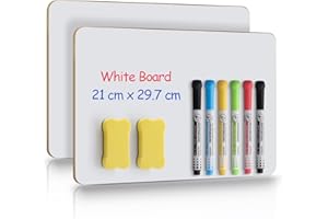 Hanqing 2 Pack Small Dry Erase White Board, A4 Double Sided Mini WhiteBoard with 6 Pens and 2 Erasers, Portable Learning White Board for Classroom, Office, Students(21 x 29.7 cm)