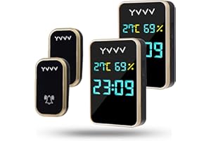 YVVV Timbre Inalámbrico Inteligente con el Pulsador de Autoalimentado sin Hilos para la Puerta, con la Pantalla de Hora, Temperatura y Humedad, 38 Melodías y 4 Niveles de Volumen, No Requiere Batería