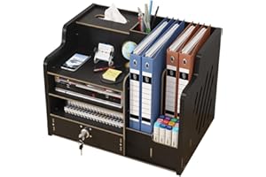 HGGZEG Organizador de escritorio de madera actualizado con cajón, organizador de archivos A4, clasificador de documentos de papel, suministros de oficina, para el hogar, oficina y escuela(JB07-2 negro)